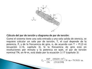 Cálculo del par de torsión y diagrama de par de torsión:
Como el sistema tiene una sola entrada y una sola salida de otencia, se
requiere calcular un solo par de torsión, T, el cual depende de la
potencia, P, y de la frecuencia de giro, n, de acuerdo con T = P/(2 n)
(ecuación 3.16, capítulo 3). Si la frecuencia de giro está en
revoluciones por minuto y la potencia en watt, el par de torsión
nominal TN, en N m, está dado por la ecuación 3.17 (capítulo 3):
 