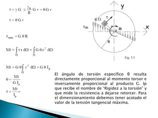 El ángulo de torsión específico θ resulta
directamente proporcional al momento torsor e
inversamente proporcional al producto G. Ip
que recibe el nombre de “Rigidez a la torsión” y
que mide la resistencia a dejarse retorcer. Para
el dimensionamiento debemos tener acotado el
valor de la tensión tangencial máxima.
 