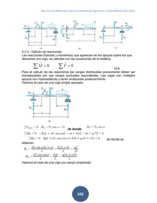 Mecánica de Materiales para Estudiantes de Ingeniería | Carlos Alberto Díaz Pérez
102
5.3.3.- Cálculo de reacciones
Las reacciones (fuerzas y momentos) que aparecen en los apoyos sobre los que
descansa una viga, se calculan con las ecuaciones de la estática.
(5.6
Para el cálculo de las reacciones las cargas distribuidas previamente deben ser
reemplazadas por sus cargas puntuales equivalentes. Las vigas con múltiples
apoyos son hiperestáticas y serán analizadas posteriormente.
Veamos el caso de una viga simple apoyada
de donde
de donde se
obtienen
Veamos el caso de una viga con apoyo empotrado
 