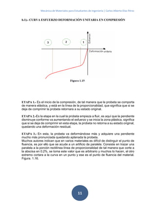 Mecánica de Materiales para Estudiantes de Ingeniería | Carlos Alberto Díaz Pérez
11
b.1).- CURVA ESFUERZO DEFORMACIÓN UNITARIA EN COMPRESIÓN
ETAPA 1.- Es el inicio de la compresión, de tal manera que la probeta se comporta
de manera elástica, y está en la línea de la proporcionalidad, que significa que si se
deja de comprimir la probeta retornara a su estado original.
ETAPA 2.-Es la etapa en la cual la probeta empieza a fluir, es aquí que la pendiente
disminuye conforme va aumentando el esfuerzo y se inicia la zona plástica, significa
que si se deja de comprimir en esta etapa, la probeta no retorna a su estado original,
quedando una deformación residual.
ETAPA 3.- En esta, la probeta va deformándose más y adquiere una pendiente
mucho más pronunciada quedando aplanada la probeta.
Muchos autores indican que en varios materiales es difícil de distinguir el punto de
fluencia, es por ello que se acude a un artificio de paralela. Consiste en trazar una
paralela a la porción rectilínea línea de proporcionalidad de tal manera que corte a
la abscisa en 0.2%, se toma este valor que es arbitrario y muchos lo hacen, el otro
extremo cortara a la curva en un punto y ese es el punto de fluencia del material.
Figura. 1.16.
 