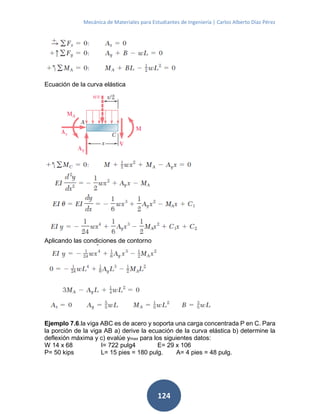 Mecánica de Materiales para Estudiantes de Ingeniería | Carlos Alberto Díaz Pérez
124
Ecuación de la curva elástica
Aplicando las condiciones de contorno
Ejemplo 7.6.la viga ABC es de acero y soporta una carga concentrada P en C. Para
la porción de la viga AB a) derive la ecuación de la curva elástica b) determine la
deflexión máxima y c) evalúe ymax para los siguientes datos:
W 14 x 68 I= 722 pulg4 E= 29 x 106
P= 50 kips L= 15 pies = 180 pulg. A= 4 pies = 48 pulg.
 