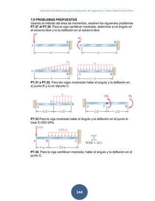 Mecánica de Materiales para Estudiantes de Ingeniería | Carlos Alberto Díaz Pérez
144
7.8 PROBLEMAS PROPUESTOS
Usando el método del área de momentos, resolver los siguientes problemas
P7.27 al P7.30. Para la viga cantiléver mostrada, determine a) el ángulo en
el extremo libre y b) la deflexión en el extremo libre
P7.31 a P7.32. Para las vigas mostradas hallar el angulo y la deflexión en
a) punto B y b) en elpunto C.
P7.33 Para la viga mostrada hallar el ángulo y la deflexión en el punto A.
Usar E=200 GPa.
P7.34. Para la viga cantiléver mostrada, hallar el ángulo y la deflexión en el
punto C.
 