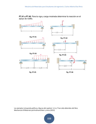 Mecánica de Materiales para Estudiantes de Ingeniería | Carlos Alberto Díaz Pérez
153
P7.41 a P7.46. Para la viga y carga mostrada determinar la reacción en el
apoyo de rodillo.
Fig. P7.41
Fig. P7.42
Fig. P7.43
Fig. P7.44
Fig. P7.45 Fig. P7.46
Los ejemplos incluyendo gráficos y figuras del capítulo 5, 6 y 7 han sido obtenidos del libro
Mechanical of Materials porFerdinand Beer y otros (2012)
 