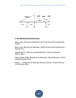 Mecánica de Materiales para Estudiantes de Ingeniería | Carlos Alberto Díaz Pérez
157
9. REFERENCIAS BILIOGRAFICAS
Beer y otros. Mechanical of Materials (2012) .Mc Graw Hill Companies 6ta
Edición.
Beer y otros. Mecánica de Materiales (2009) .Mc Graw Hill Companies 5ta
Edición 791 p.
Hibbeler (2011) . Mecánica de Materiales(2011) .Pearson Educación,
México 880 p.
Pytel y Singer (2008). Resistencia de Materiales. Editorial Mexicana. Oxford
Alfaomega Grupo Editor.
Mayory . Resistencia de Materiales Aplicada Editorial Yucatan Hermosa
La Paz Bolivia 305 p.
1200N/m
R2
800N 700N
3 m
R3
1 m1
m
1 m
R1
2 m
600N
2 m
 
