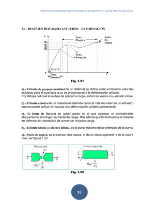 Mecánica de Materiales para Estudiantes de Ingeniería | Carlos Alberto Díaz Pérez
16
1.7.- RESUMEN DIAGRAMA ESFUERZO – DEFORMACIÓN
Fig. 1.21
a).- El límite de proporcionalidad de un material se define como el máximo valor del
esfuerzo para el cual este a un es proporcional a la deformación unitaria.
Por debajo del cual si se deja de aplicar la carga, entonces vuelve a su estado inicial.
b).- El límite elástico de un material es definido como el máximo valor de un esfuerzo
que se puede aplicar sin causar una deformación unitaria permanente.
c).- El límite de fluencia es aquel punto en el que aparece un considerable
alargamiento sin ningún aumento de carga. Más allá del punto de fluencia el material
se deforma sin necesidad de aumentar ninguna carga.
d).- El límite último o esfuerzo último, es el punto máximo de la ordenada de la curva.
e).- Punto de rotura, se presentan dos casos, el de la rotura aparente y de la rotura
real, ver figura 1.22
Fig. 1.22
 