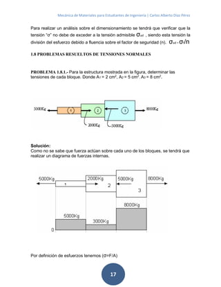 Mecánica de Materiales para Estudiantes de Ingeniería | Carlos Alberto Díaz Pérez
17
Para realizar un análisis sobre el dimensionamiento se tendrá que verificar que la
tensión “σ” no debe de exceder a la tensión admisible σad , siendo esta tensión la
división del esfuerzo debido a fluencia sobre el factor de seguridad (n). σad = σf/n
1.8 PROBLEMAS RESUELTOS DE TENSIONES NORMALES
PROBLEMA 1.8.1.- Para la estructura mostrada en la figura, determinar las
tensiones de cada bloque. Donde A1 = 2 cm2
, A2 = 5 cm2
, A3 = 8 cm2
.
Solución:
Como no se sabe que fuerza actúan sobre cada uno de los bloques, se tendrá que
realizar un diagrama de fuerzas internas.
Por definición de esfuerzos tenemos (σ=F/A)
 