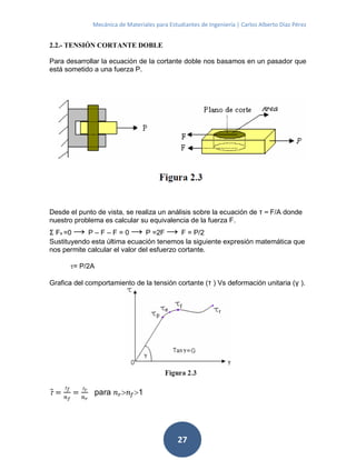 Mecánica de Materiales para Estudiantes de Ingeniería | Carlos Alberto Díaz Pérez
27
2.2.- TENSIÓN CORTANTE DOBLE
Para desarrollar la ecuación de la cortante doble nos basamos en un pasador que
está sometido a una fuerza P.
Desde el punto de vista, se realiza un análisis sobre la ecuación de τ = F/A donde
nuestro problema es calcular su equivalencia de la fuerza F.
Σ Fx =0 → P – F – F = 0 → P =2F → F = P/2
Sustituyendo esta última ecuación tenemos la siguiente expresión matemática que
nos permite calcular el valor del esfuerzo cortante.
= P/2A
Grafica del comportamiento de la tensión cortante (τ ) Vs deformación unitaria (γ ).
⃗ =
 𝑓
𝑛 𝑓
=
 𝑟
𝑛 𝑟
para 𝑛 𝑟𝑛 𝑓1
 