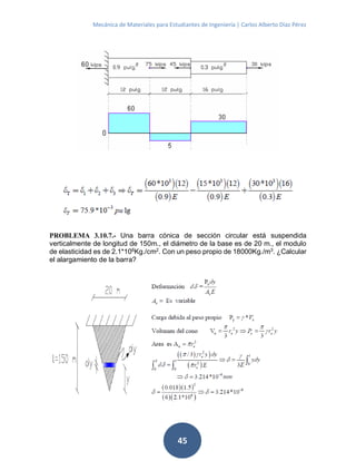 Mecánica de Materiales para Estudiantes de Ingeniería | Carlos Alberto Díaz Pérez
45
PROBLEMA 3.10.7.- Una barra cónica de sección circular está suspendida
verticalmente de longitud de 150m., el diámetro de la base es de 20 m., el modulo
de elasticidad es de 2.1*106
Kg./cm2
. Con un peso propio de 18000Kg./m3
. ¿Calcular
el alargamiento de la barra?
 