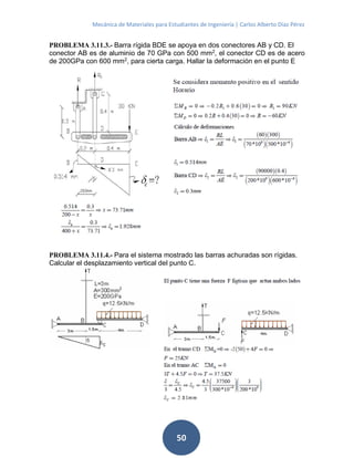 Mecánica de Materiales para Estudiantes de Ingeniería | Carlos Alberto Díaz Pérez
50
PROBLEMA 3.11.3.- Barra rígida BDE se apoya en dos conectores AB y CD. El
conector AB es de aluminio de 70 GPa con 500 mm2
, el conector CD es de acero
de 200GPa con 600 mm2
, para cierta carga. Hallar la deformación en el punto E
PROBLEMA 3.11.4.- Para el sistema mostrado las barras achuradas son rígidas.
Calcular el desplazamiento vertical del punto C.
 