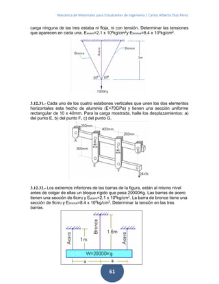 Mecánica de Materiales para Estudiantes de Ingeniería | Carlos Alberto Díaz Pérez
61
carga ninguna de las tres estaba ni floja, ni con tensión. Determinar las tensiones
que aparecen en cada una. Eacero=2.1 x 106
kg/cm2
y Ebronce=8.4 x 105
kg/cm2
.
3.12.31.- Cada uno de los cuatro eslabones verticales que unen los dos elementos
horizontales esta hecho de aluminio (E=70GPa) y tienen una sección uniforme
rectangular de 10 x 40mm. Para la carga mostrada, halle los desplazamientos: a)
del punto E, b) del punto F, c) del punto G.
3.12.32.- Los extremos inferiores de las barras de la figura, están al mismo nivel
antes de colgar de ellas un bloque rígido que pesa 20000Kg. Las barras de acero
tienen una sección de 6cm2 y Eacero=2.1 x 106
kg/cm2
. La barra de bronce tiene una
sección de 9cm2 y Ebronce=8.4 x 105
kg/cm2
. Determinar la tensión en las tres
barras.
 