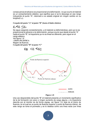 Mecánica de Materiales para Estudiantes de Ingeniería | Carlos Alberto Díaz Pérez
7
consecuencia el esfuerzo es proporcional a la deformación , lo que ocurre al material
es un comportamiento elástico, que significa que sí se lo descarga en ese rango
incluyendo el punto “A”, retornará a su estado original sin ningún cambio en su
longitud( Lo).
Cargado del punto “A” al punto “B” (hasta el límite elástico)
εA<ε ≤εB
Se sigue cargando constantemente, y el material va deformándose, pero ya no es
proporcional el esfuerzo a la deformación, porque ocurre que desde el punto “A”
hasta el punto “B”, la trayectoria ya no es lineal es diferente, pero sigue en el
rango elástico.
Ver figura 1.8
• ZONA PLÁSTICA
Región de fluencia.
Cargado del punto “B” al punto “C”
εB ε <εC
Una vez desprendido del punto “B” el material presenta un incremento significativo
de la de formación con poco o ningún aumento de carga alguna, y la trayectoria
descrita por el monitor es de forma zigzag, ver figura 1.8, éste es el tramo de
fluencia, en el cual se ve punto de fluencia superior y punto de fluencia inferior, de
este rango se toma el promedio y se lo idealiza como una línea recta (ver línea
 