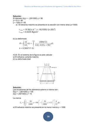 Mecánica de Materiales para Estudiantes de Ingeniería | Carlos Alberto Díaz Pérez
79
Solución:
El diámetro d(y) = - (30/1000) y + 90
y = 0 d = 90
y = 1000 d = 60
a) El esfuerzo máximo se presenta en la sección con menor área (y=1000)
b) La deformada
4.8.8. En el sistema de la figura se pide calcular
a) El esfuerzo cortante máximo
b) La deformada total
Solución:
Las ecuaciones de los diámetros externo e interno son :
D(y) = - (30/1000) y + 90
d(y) = (30/1000) y + 15
La inercia
a) El esfuerzo máximo se presenta en la menor inercia y = 1000
 