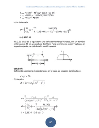 Mecánica de Materiales para Estudiantes de Ingeniería | Carlos Alberto Díaz Pérez
80
b) La deformada
= 0,4145 /G
4.8.9. La pieza de la figura tiene una forma semiesférica truncada, con un diámetro
en la base de 60 cm y una altura de 20 cm. Para un momento torsor T aplicado en
su parte superior, se pide la deformación angular.
Solución:
Definiendo un sistema de coordenadas en la base. La ecuación del círculo es:
El diámetro
 