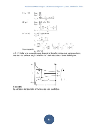 Mecánica de Materiales para Estudiantes de Ingeniería | Carlos Alberto Díaz Pérez
83
4.8.12. Hallar una expresión para determinar la deformación que sufre una barra
con sección variable según una función cuadrática, como se ve en la figura.
Solución:
La variación del diámetro en función de x es cuadrática
 