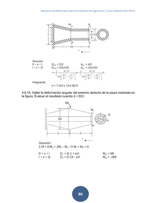 Mecánica de Materiales para Estudiantes de Ingeniería | Carlos Alberto Díaz Pérez
86
4.8.16. Hallar la deformación angular del extremo derecho de la pieza mostrada en
la figura. Evaluar el resultado cuando d = D/2 ;
 