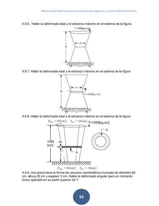 Mecánica de Materiales para Estudiantes de Ingeniería | Carlos Alberto Díaz Pérez
93
4.9.6. Hallar la deformada total y el esfuerzo máximo en el sistema de la figura
4.9.7. Hallar la deformada total y el esfuerzo máximo en el sistema de la figura
4.9.8. Hallar la deformada total y el esfuerzo máximo en el sistema de la figura
4.9.9. Una pieza tiene la forma de cascaron semiesférica truncada de diámetro 60
cm, altura 20 cm y espesor 3 cm. Hallar la deformada angular para un momento
torsor aplicado en su parte superior de T.
 