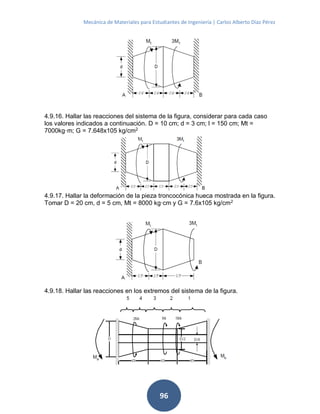 Mecánica de Materiales para Estudiantes de Ingeniería | Carlos Alberto Díaz Pérez
96
4.9.16. Hallar las reacciones del sistema de la figura, considerar para cada caso
los valores indicados a continuación. D = 10 cm; d = 3 cm; l = 150 cm; Mt =
7000kg·m; G = 7.648x105 kg/cm2
4.9.17. Hallar la deformación de la pieza troncocónica hueca mostrada en la figura.
Tomar D = 20 cm, d = 5 cm, Mt = 8000 kg·cm y G = 7.6x105 kg/cm2
4.9.18. Hallar las reacciones en los extremos del sistema de la figura.
 