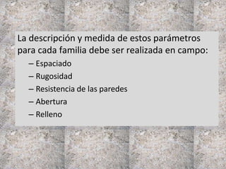 La descripción y medida de estos parámetros
para cada familia debe ser realizada en campo:
– Espaciado
– Rugosidad
– Resistencia de las paredes
– Abertura
– Relleno
 
