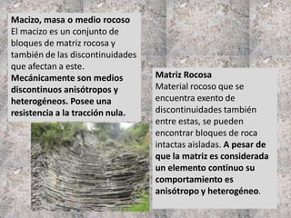 Matriz Rocosa
Material rocoso que se
encuentra exento de
discontinuidades también
entre estas, se pueden
encontrar bloques de roca
intactas aisladas. A pesar de
que la matriz es considerada
un elemento continuo su
comportamiento es
anisótropo y heterogéneo.
Macizo, masa o medio rocoso
El macizo es un conjunto de
bloques de matriz rocosa y
también de las discontinuidades
que afectan a este.
Mecánicamente son medios
discontinuos anisótropos y
heterogéneos. Posee una
resistencia a la tracción nula.
 