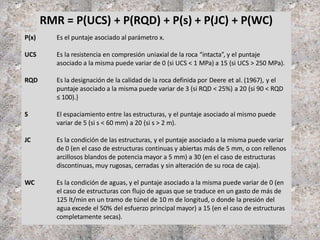 P(x) Es el puntaje asociado al parámetro x.
UCS Es la resistencia en compresión uniaxial de la roca “intacta”, y el puntaje
asociado a la misma puede variar de 0 (si UCS < 1 MPa) a 15 (si UCS > 250 MPa).
RQD Es la designación de la calidad de la roca definida por Deere et al. (1967), y el
puntaje asociado a la misma puede variar de 3 (si RQD < 25%) a 20 (si 90 < RQD
≤ 100).}
S El espaciamiento entre las estructuras, y el puntaje asociado al mismo puede
variar de 5 (si s < 60 mm) a 20 (si s > 2 m).
JC Es la condición de las estructuras, y el puntaje asociado a la misma puede variar
de 0 (en el caso de estructuras continuas y abiertas más de 5 mm, o con rellenos
arcillosos blandos de potencia mayor a 5 mm) a 30 (en el caso de estructuras
discontinuas, muy rugosas, cerradas y sin alteración de su roca de caja).
WC Es la condición de aguas, y el puntaje asociado a la misma puede variar de 0 (en
el caso de estructuras con flujo de aguas que se traduce en un gasto de más de
125 lt/min en un tramo de túnel de 10 m de longitud, o donde la presión del
agua excede el 50% del esfuerzo principal mayor) a 15 (en el caso de estructuras
completamente secas).
RMR = P(UCS) + P(RQD) + P(s) + P(JC) + P(WC)
 
