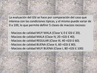 La evaluación del GSI se hace por comparación del caso que
interesa con las condiciones típicas, y el mismo puede variar de
0 a 100, lo que permite definir 5 clases de macizos rocosos:
· Macizos de calidad MUY MALA (Clase V, 0 £ GSI £ 20).
· Macizos de calidad MALA (Clase IV, 20 <GSI £ 40).
· Macizos de calidad REGULAR (Clase III, 40 <GSI £ 60).
· Macizos de calidad BUENA (Clase II, 60 <GSI £ 80).
· Macizos de calidad MUY BUENA (Clase I, 80 <GSI £ 100)
 