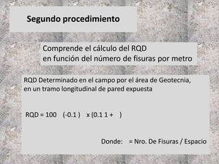Segundo procedimiento
Comprende el cálculo del RQD
en función del número de fisuras por metro
RQD Determinado en el campo por el área de Geotecnia,
en un tramo longitudinal de pared expuesta
RQD = 100 (-0.1 ) x (0.1 1 + )
Donde: = Nro. De Fisuras / Espacio
 