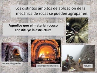 Los distintos ámbitos de aplicación de la
mecánica de rocas se pueden agrupar en:
Aquellos que el material rocoso
constituye la estructura
taludes
excavación galerías
excavación de túneles
 