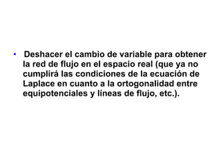 Deshacer el cambio de variable para obtener la red de flujo en el espacio real (que ya no cumplirá las condiciones de la ecuación de  Laplace en cuanto a la ortogonalidad entre  equipotenciales y líneas de flujo, etc.). 