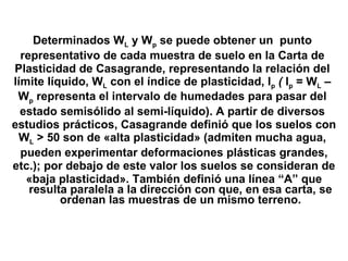 Determinados W L   y W p   se puede obtener un  punto  representativo de cada muestra de suelo en la Carta de  Plasticidad de Casagrande, representando la relación del  límite líquido, W L   con el índice de plasticidad, I p  (  I p  = W L   –  W p   representa el intervalo de humedades para pasar del  estado semisólido al semi-líquido). A partir de diversos  estudios prácticos, Casagrande definió que los suelos con W L   > 50 son de «alta plasticidad» (admiten mucha agua,  pueden experimentar deformaciones plásticas grandes, etc.); por debajo de este valor los suelos se consideran de «baja plasticidad». También definió una línea “A” que resulta paralela a la dirección con que, en esa carta, se ordenan las muestras de un mismo terreno. 