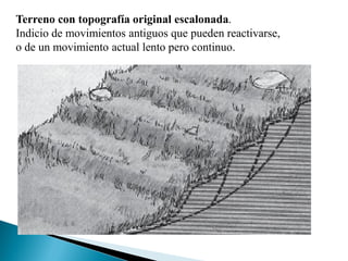 Terreno con topografía original escalonada.
Indicio de movimientos antiguos que pueden reactivarse,
o de un movimiento actual lento pero continuo.
 