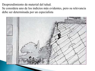 Desprendimiento de material del talud.
Se considera uno de los indicios más evidentes, pero su relevancia
debe ser determinada por un especialista
 
