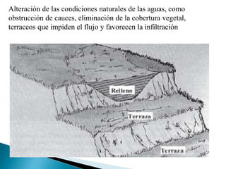 Alteración de las condiciones naturales de las aguas, como
obstrucción de cauces, eliminación de la cobertura vegetal,
terraceos que impiden el flujo y favorecen la infiltración
 