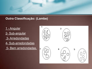 Outra Classificação: (Lambe)
1 - Angular
2- Sub-angular
3- Arredondadas
4- Sub-arredondadas
5- Bem arredondadas.
 