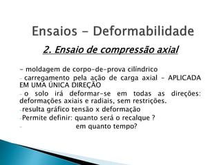 2. Ensaio de compressão axial
- moldagem de corpo-de-prova cilíndrico
- carregamento pela ação de carga axial – APLICADA
EM UMA ÚNICA DIREÇÃO
- o solo irá deformar-se em todas as direções:
deformações axiais e radiais, sem restrições.
-resulta gráfico tensão x deformação
-Permite definir: quanto será o recalque ?
- em quanto tempo?
 
