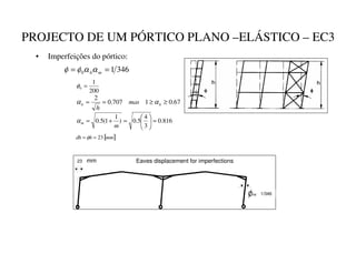 PROJECTO DE UM PÓRTICO PLANO –ELÁSTICO – EC3
• Imperfeições do pórtico:
346
1
0 =
= P
Kα
α
φ
φ
200
1
0 =
φ
67
.
0
1
707
.
0
2
≥
≥
=
=
¹
¹
PDV
K
α
α
816
.
0
3
4
5
.
0
)
1
1
(
5
.
0 =






=
+
=
P
º
α
[ ]
PP
K
GK 23
=
= φ
Eaves displacement for imperfections
36.5 mm
=1/219
23
1/346
 