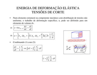 ENERGIA DE DEFORMAÇÃO ELÁSTICA
TENSÕES DE CORTE
• Num elemento estrutural ou componente mecânico com distribuição de tensões não
uniforme, o trabalho de deformação específico, u, pode ser defrinido para um
elemento de volume dv.
G9
G8
9
8
X 9 =
∆
∆
= 
−
∆ 0
lim
( ) *
*
G
*
G
X
[
[
[
[
[
[
0
1
0
1
2
2
0
0
2
1
2
τ
γ
γ
γ
γ
τ
γ
γ
=
=
=
= ∫
∫


• Combinando (1) com (2):
∫
∫ =
⇔
= G9
*
G8
*
G9
G8 [
[
2
2
2
1
2
1 τ
τ
∫
= G9
*
8
[
2
2
1 τ
 