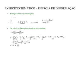 EXERCÍCIO TEMÁTICO – ENERGIA DE DEFORMAÇÃO
• Esforços internos (continuação):
[ ]
P
[ 5
.
0
0 

Fsd= 10000 [ N]
x
[ ]
[ ]
1
)
9
1P
[
)
0
l
m
l
m
−
=
×
−
=
( ) ( )
( ) ( )( )
( )
( ) ( )
[ ]
-
8
G[
(,
[
)
G[
*$
)
G[
(,
)
[
[
4
G[
*$
[
4
G[
(,
[
)
G[
*$
)
8
n
o
p
n
o
n
o
n
o
p
n
o
n
o
p
n
o
26
,
16
2
2
2
5
.
0
2
4
5
5
.
0
2
5
.
1
2
2
5
.
0
0
2
5
.
0
0
2
5
.
2
5
.
0
2
5
.
2
5
.
0
2
5
.
0
0
2
5
.
0
0
2
=
×
−
+
−
+
+
×
−
−
−
+
−
+
×
−
+
=
∫
∫
∫
∫
∫
∫
• Energia de deformação deste elemento estrutural:
G[
(,
0
G[
*$
9
8
q
q
r
∫
∫ +
=
2
2
2
2
 