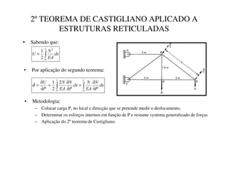 2ºTEOREMA DE CASTIGLIANO APLICADO A
ESTRUTURAS RETICULADAS
• Sabendo que:
∫
=
/
G[
($
1
8
0
2
2
1
• Por aplicação do segundo teorema:
∫
∫ ∂
∂
=
∂
∂
=
∂
∂
=
/
/
G[
3
1
($
1
G[
3
1
($
1
3
8
0
0
2
2
1
δ
• Metodologia:
– Colocar carga P, no local e direcção que se pretende medir o deslocamento.
– Determinar os esforços internos em função de P e restante systema generalizado de forças
– Aplicação do 2ºteorema de Castigliano.
 