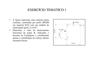 EXERCÍCIO TEMÁTICO 1
• A figura representa uma estrutura plana
contínua, constituída por perfis IPE500
em material S235 com um módulo de
elasticidade igual a 2.1x1011.
• Determine o valor do deslocamento
horizontal do ponto B, utilizando o
teorema de Castigliano e considerando
apenas a contribuição do esforço interno
momento flector.
8 [ m]
10
[
m
]
10 [ kN]
A
B D
C
10 [ kN]
5
[
m
]
 