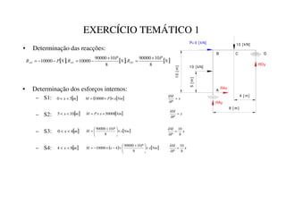EXERCÍCIO TEMÁTICO 1
• Determinação das reacções:
8 [ m]
10
[
m
]
10 [ kN]
A
B D
C
10 [ kN]
5
[
m
]
4 [ m]
P= 0 [ kN]
RDy
RAx
RAy
[ ] [ ] [ ]
1
3
5
1
3
5
1
3
5
{
|
}
|
}
~
8
10
90000
;
8
10
90000
10000
;
10000
+
=
+
−
=
−
−
=
• Determinação dos esforços internos:
– S1:
– S2:
– S3:
– S4:
[ ]
P
[ 5
0 
 ( ) [ ]
1P
[
3
0 ×
+
= 10000 [
3
0
=
∂
∂
[ ]
P
[ 10
5 
 [ ]
1P
[
3
0 50000
+
×
= [
3
0
=
∂
∂
[ ]
P
[ 4
0 
 [ ]
1P
[
3
0 ×





 +
=
8
10
90000
[
3
0
8
10
=
∂
∂
[ ]
P
[ 8
4 
 ( ) [ ]
1P
[
3
[
0 ×





 +
+
−
×
−
=
8
10
90000
4
10000 [
3
0
8
10
=
∂
∂
 