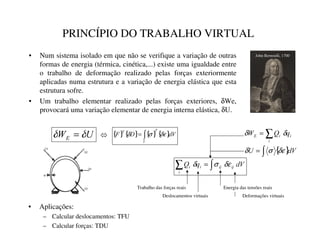 PRINCÍPIO DO TRABALHO VIRTUAL
• Num sistema isolado em que não se verifique a variação de outras
formas de energia (térmica, cinética,...) existe uma igualdade entre
o trabalho de deformação realizado pelas forças exteriormente
aplicadas numa estrutura e a variação de energia elástica que esta
estrutura sofre.
• Um trabalho elementar realizado pelas forças exteriores, δWe,
provocará uma variação elementar de energia interna elástica, δU.
∑
=
L
L
L
( T
4
: δ
δ
{ }
∫
= G9
8 δε
σ
δ
∫
∑ = G9
T
4 LM
LM
L
L
L δε
σ
δ
Energia das tensões reais
Deformações virtuais
Trabalho das forças reais
Deslocamentos virtuais
• Aplicações:
– Calcular deslocamentos: TFU
– Calcular forças: TDU
8
:( δ
δ = { } { } { } { }G9
'
)
—
˜
—
δε
σ
δ ∫
=
Ù
John Bernoulli, 1700
 
