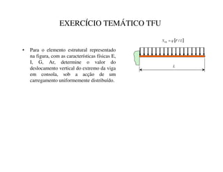 EXERCÍCIO TEMÁTICO TFU
• Para o elemento estrutural representado
na figura, com as características físicas E,
I, G, Ar, determine o valor do
deslocamento vertical do extremo da viga
em consola, sob a acção de um
carregamento uniformemente distribuído.
[ ]
/
)
T
6
À
Á
/
=
/
 