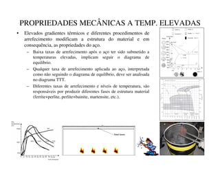 PROPRIEDADES MECÂNICAS A TEMP. ELEVADAS
• Elevados gradientes térmicos e diferentes procedimentos de
arrefecimento modificam a estrutura do material e em
consequência, as propriedades do aço.
– Baixa taxas de arrefecimento após o aço ter sido submetido a
temperaturas elevadas, implicam seguir o diagrama de
equilíbrio.
– Qualquer taxa de arrefecimento aplicada ao aço, interpretada
como não seguindo o diagrama de equilíbrio, deve ser analisada
no diagrama TTT.
– Diferentes taxas de arrefecimento e níveis de temperatura, são
responsáveis por produzir diferentes fases de estrutura material
(ferrite+perlite, perlite+bainite, martensite, etc.).
 