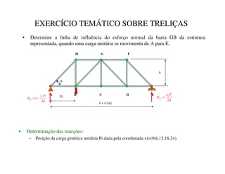 EXERCÍCIO TEMÁTICO SOBRE TRELIÇAS
• Determine a linha de influência do esforço normal da barra GB da estrutura
representada, quando uma carga unitária se movimenta de A para E.
$ %  ' (
+ * )
Xi
6 x 4 [m]
6
24
1
Ó
Ó
Ô
3
[
5 −
=
24
Õ
Õ
Ö
3
[
5 =
T
• Determinação das reacções:
– Posição da carga genérica unitária Pi dada pela coordenada xi=(0,6,12,18,24).
 