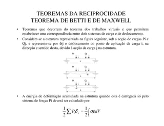 TEOREMAS DA RECIPROCIDADE
TEOREMA DE BETTI E DE MAXWELL
• Teoremas que decorrem do teorema dos trabalhos virtuais e que permitem
estabelecer uma correspondência entre dois sistemas de carga e de deslocamento.
• Considere-se a estrutura representada na figura seguinte, sob a acção de cargas Pi e
Qj, e represente-se por δij o deslocamento do ponto de aplicação da carga i, na
direcção e sentido desta, devido à acção da carga j na estrutura.
• A energia de deformação acumulada na estrutura quando esta é carregada só pelo
sistema de forças Pi deverá ser calculado por:
∫
∑ =
9
LM
L
G9
3 σε
δ
2
1
2
1
L
Pi Qj
L
Pi Qj
δji
L
δij
Pi Qj
 