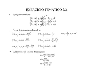 EXERCÍCIO TEMÁTICO 2/2
• Equações canónicas:





=
+
+
+
=
+
+
+
=
+
+
+
0
0
0
3
33
2
32
1
31
30
3
23
2
22
1
21
20
3
13
2
12
1
11
10
[
[
[
[
[
[
[
[
[
δ
δ
δ
δ
δ
δ
δ
δ
δ
δ
δ
δ
• Os coeficientes não nulos valem:
3
1
1
11
3
2
K
G[
0
0
(, =
= ∫
δ
8
2
2
0
1
10
K
TE
G[
0
0
(,

−
=
= ∫
δ
2
3
1
13 K
G[
0
0
(,

=
= ∫
δ
2
2
0
2
20
E
3K
G[
0
0
(,

=
= ∫
δ
2
12
2
3
2
2
22
K
E
E
G[
0
0
(,

+
=
= ∫
δ
24
4
3
2
0
3
30
K
TE
K
TE
G[
0
0
(,

+
=
= ∫
δ K
E
G[
0
0
(,

2
3
3
33 +
=
= ∫
δ
• A resolução do sistema de equações:
( )
( )
( )
( )
( )
E
K
E
K
TE
;
K
E
E
3K
;
E
K
K
KE
E
K
TE
;
2
21
2
24
3
6
6
2
2
3
12
8
1
2
2
2
+
+
=
+
=
+
+
+
−
=




 
