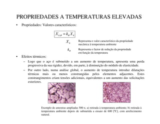 PROPRIEDADES A TEMPERATURAS ELEVADAS
Exemplo de amostras ampliadas 500 x; a) retirada à temperatura ambiente; b) retirada à
temperatura ambiente depois de submetida a ensaio de 600 [ºC], com arrefecimento
natural.
N
N ;
N
; θ
θ =
,
• Propriedades: Valores característicos:
• Efeitos térmicos:
– Logo que o aço é submetido a um aumento de temperatura, apresenta uma perda
progressiva da sua rigidez, devido, em parte, à diminuição do módulo de elasticidade.
– Por outro lado, numa análise global, o aumento de temperatura introduz dilatações
térmicas mais ou menos constrangidas pelos elementos adjacentes. Estes
constrangimentos criam tensões adicionais, equivalentes a um aumento das solicitações
exteriores.
N
;
θ
N
Representa o valor característico da propriedade
mecânica à temperatura ambiente
Representa o factor de redução da propriedade
em função da temperatura
 