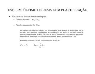EST. LIM. ÚLTIMO DE RESIS. SEM PLASTIFICAÇÃO
• Em casos de estados de tensão simples:
– Tensões normais:
– Tensões tangenciais:
5G
6G σ
σ ≤
5G
6G τ
τ ≤
As tensões solicitantesde cálculo, são determinadas pelas teorias da elasticidade ou da
mecânica dos materiais, considerando as combinações de acções e os coeficientes de
segurança especificados no RSA. No caso de acções permanentes cujos valores possam ser
previstos com muito rigor, o coeficiente de segurança poderá ser reduzido até 1.35.
G
5G
G
5G I
I
3
1
=
= τ
σ
As tensões resistentes cálculo, são determinadas através de:
 