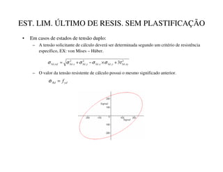 EST. LIM. ÚLTIMO DE RESIS. SEM PLASTIFICAÇÃO
• Em casos de estados de tensão duplo:
– A tensão solicitante de cálculo deverá ser determinada segundo um critério de resistência
específico, EX: von Mises – Hüber.
– O valor da tensão resistente de cálculo possui o mesmo significado anterior.
2
,
,
,
2
,
2
,
, 3 [
6G

6G
[
6G

6G
[
6G
UHI
6G τ
σ
σ
σ
σ
σ +
×
−
+
=
G
5G I
=
σ
 