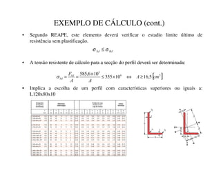 EXEMPLO DE CÁLCULO (cont.)
• Segundo REAPE, este elemento deverá verificar o estadio limite último de
resistência sem plastificação.
5G
6G σ
σ ≤
[ ]
2
6
3
5
,
16
10
355
10
6
,
585
FP
$
$
$
)6G
6G ≥
⇔
×
≤
×
=
=
σ
• A tensão resistente de cálculo para a secção do perfil deverá ser determinada:
• Implica a escolha de um perfil com características superiores ou iguais a:
L120x80x10
 